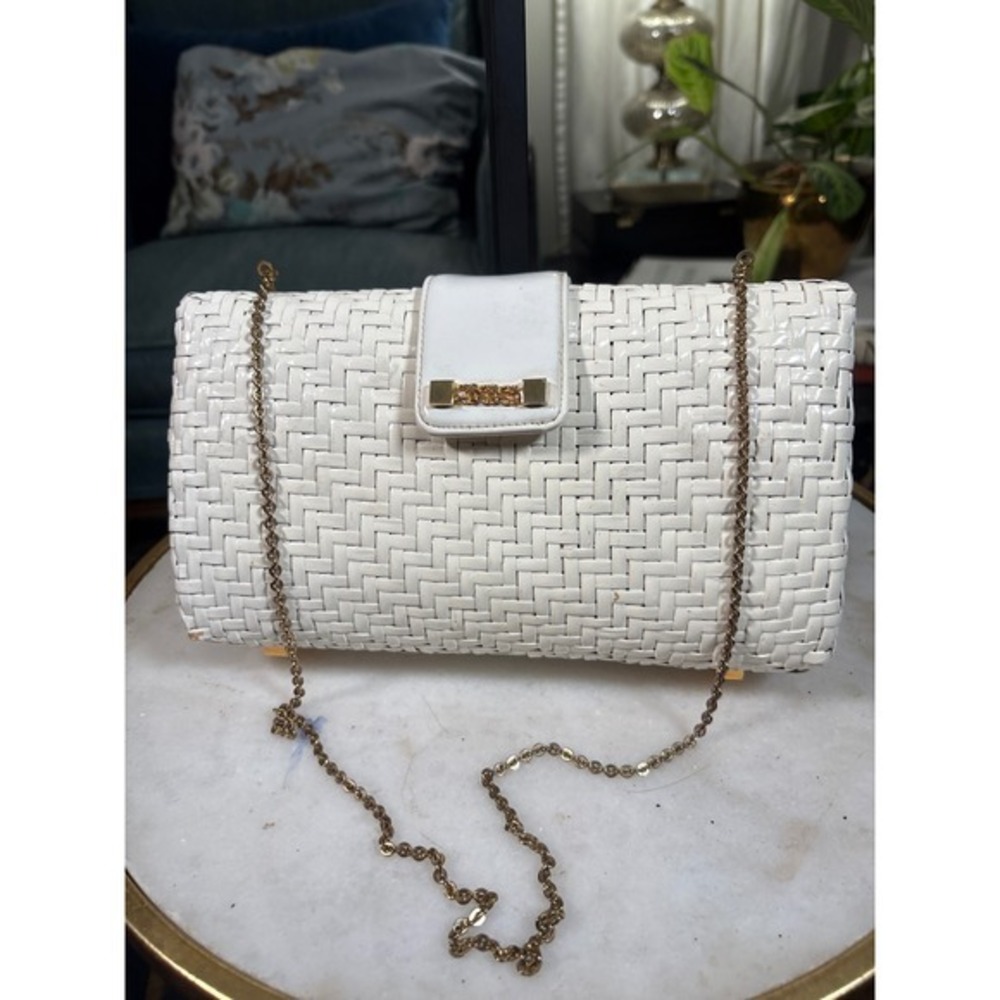 Vintage Koret Wicker Rattan Leather Chain Shoulder Clutch‎ Italy gold hardware